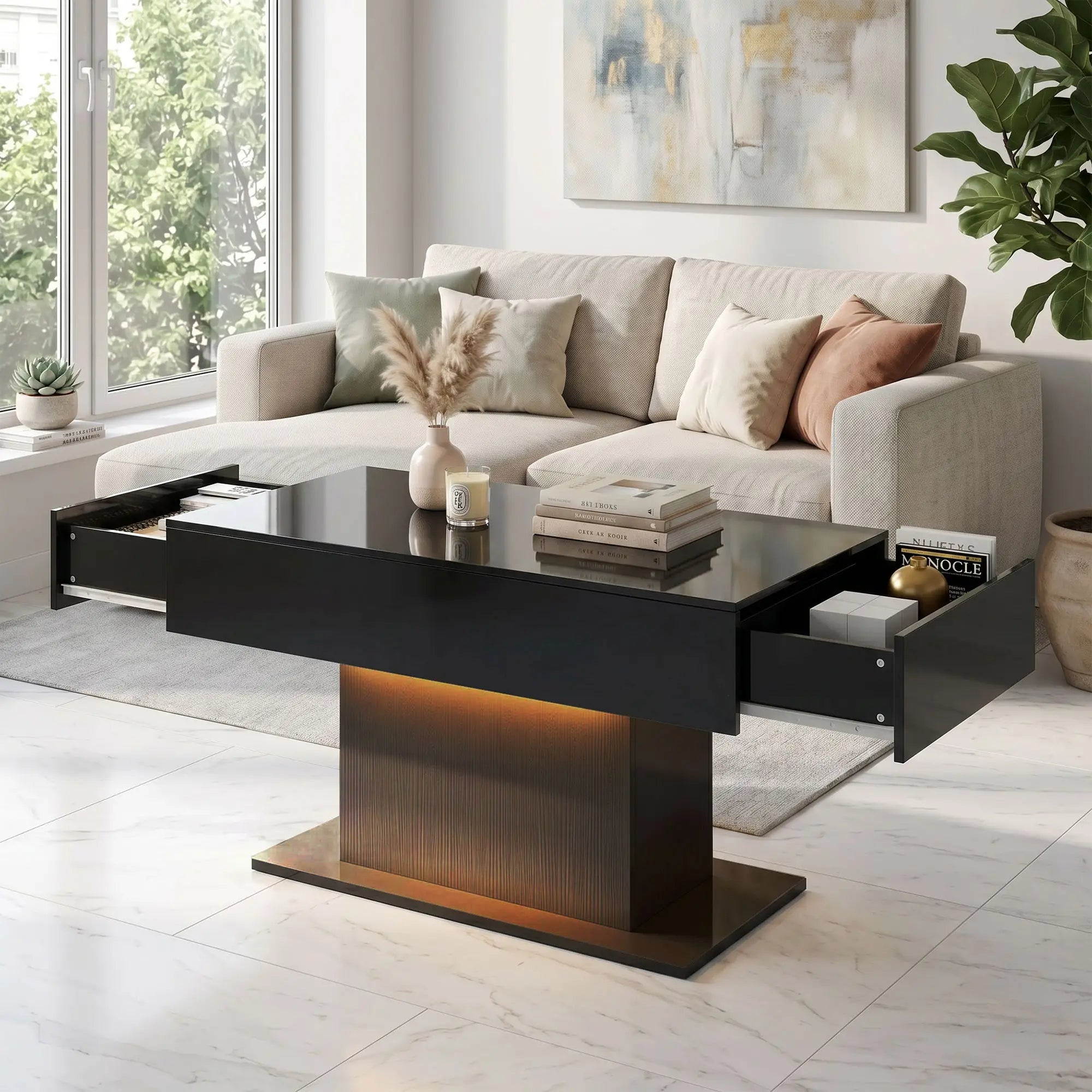 LED Coffee Table with Storage, High Gloss Modern Center Table with 2 Drawers and Remote Control for Living Room, Black Coffee Tables at Gallery Canada