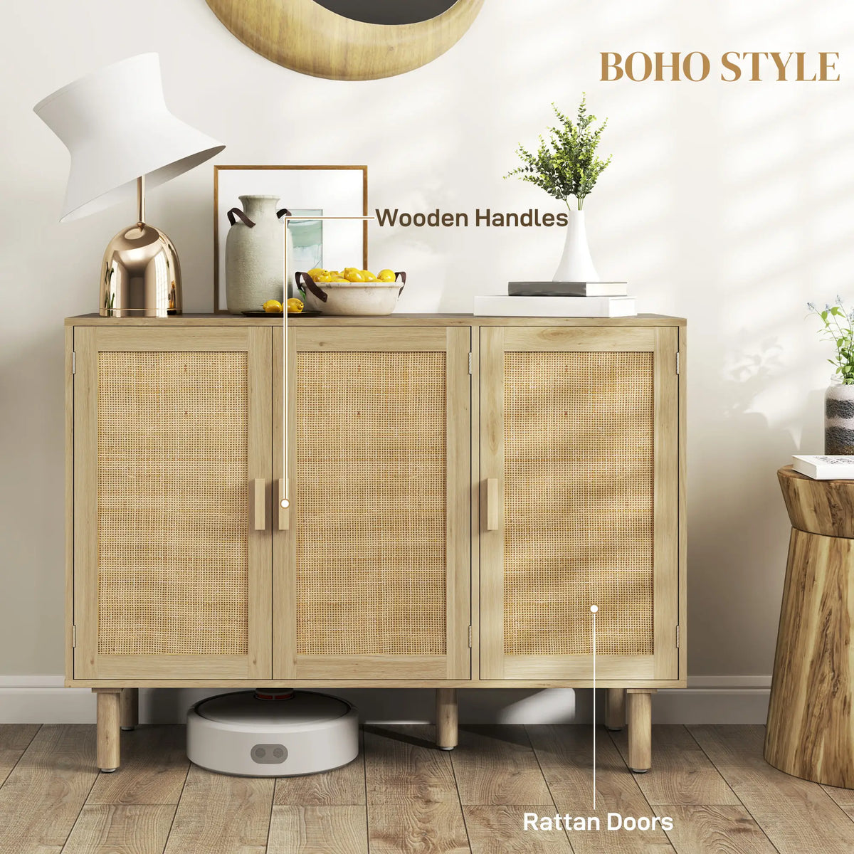 Bohemian Sideboard, 46.9" Buffet Cabinet, 3 Rattan Doors, Shelves, Oak Storage Cabinets at Gallery Canada