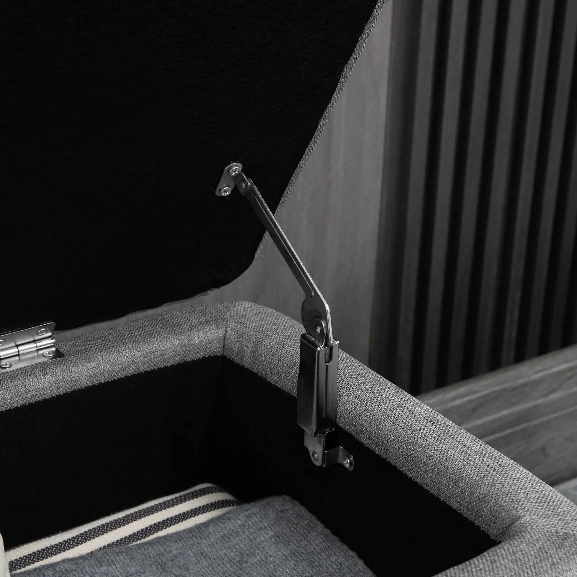 40" Ottoman with Storage, Linen Upholstered Bench, Steel Legs, Grey Storage Ottomans & Benches at Gallery Canada