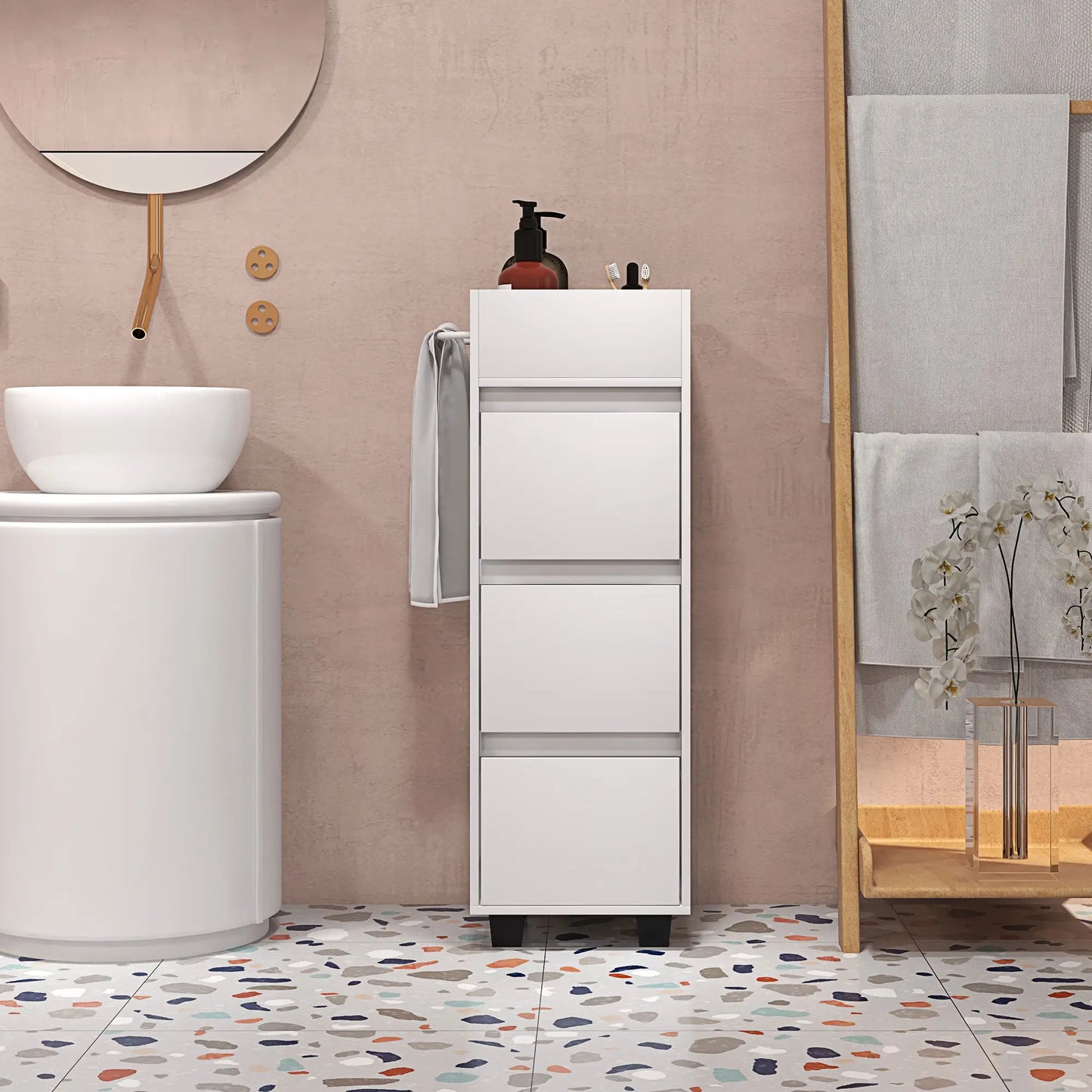 Slim Bathroom Cabinet, 4 Compartments, 3 Drawers, Towel Rack, White