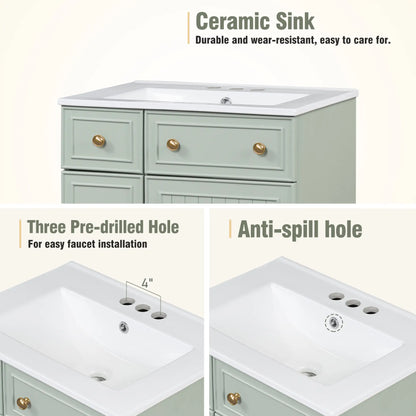 24" Bathroom Vanity, 4 Drawers, Ceramic Sink, Solid Wood, Green+White Sink Cabinets at Gallery Canada