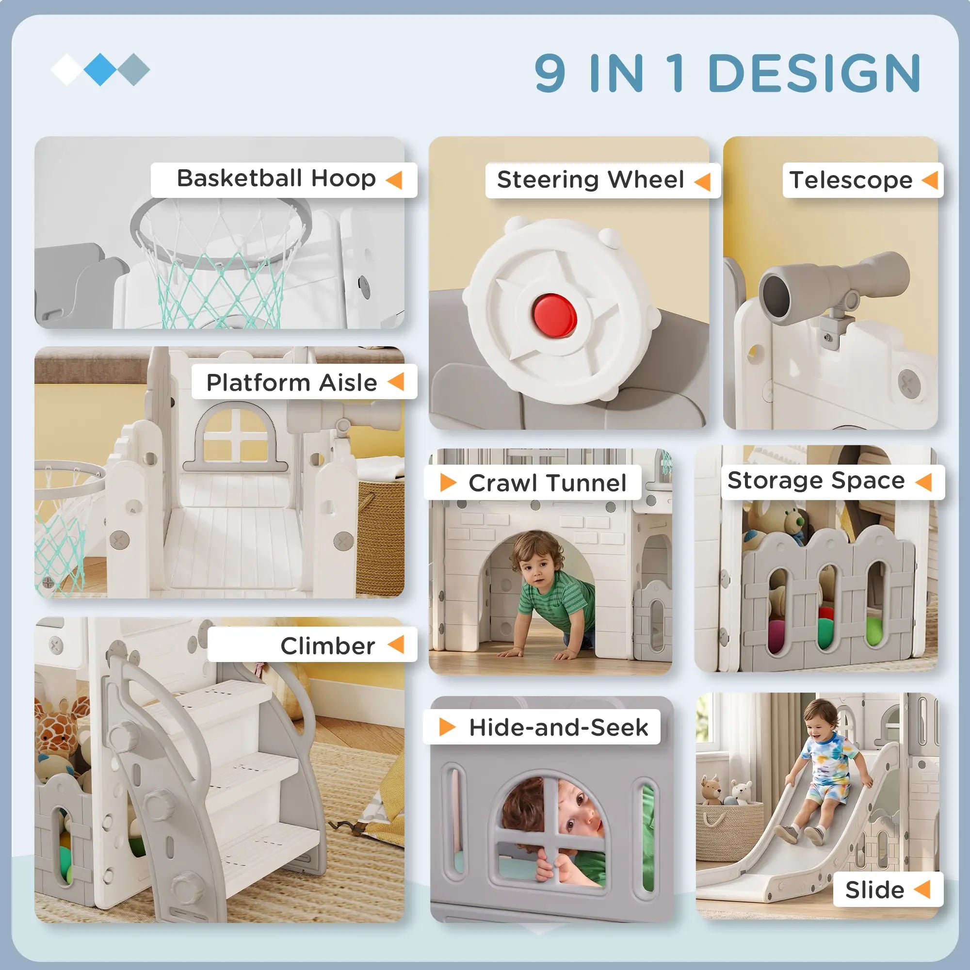 7-In-1 Toddler Slide With Basketball Hoop, Climber, Tunnel, Grey Gym Sets & Swings at Gallery Canada