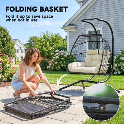Double Wicker Egg Swing Chair, Foldable with Stand, UV Resistant Cushion, Cream White Patio Swings with Stand at Gallery Canada