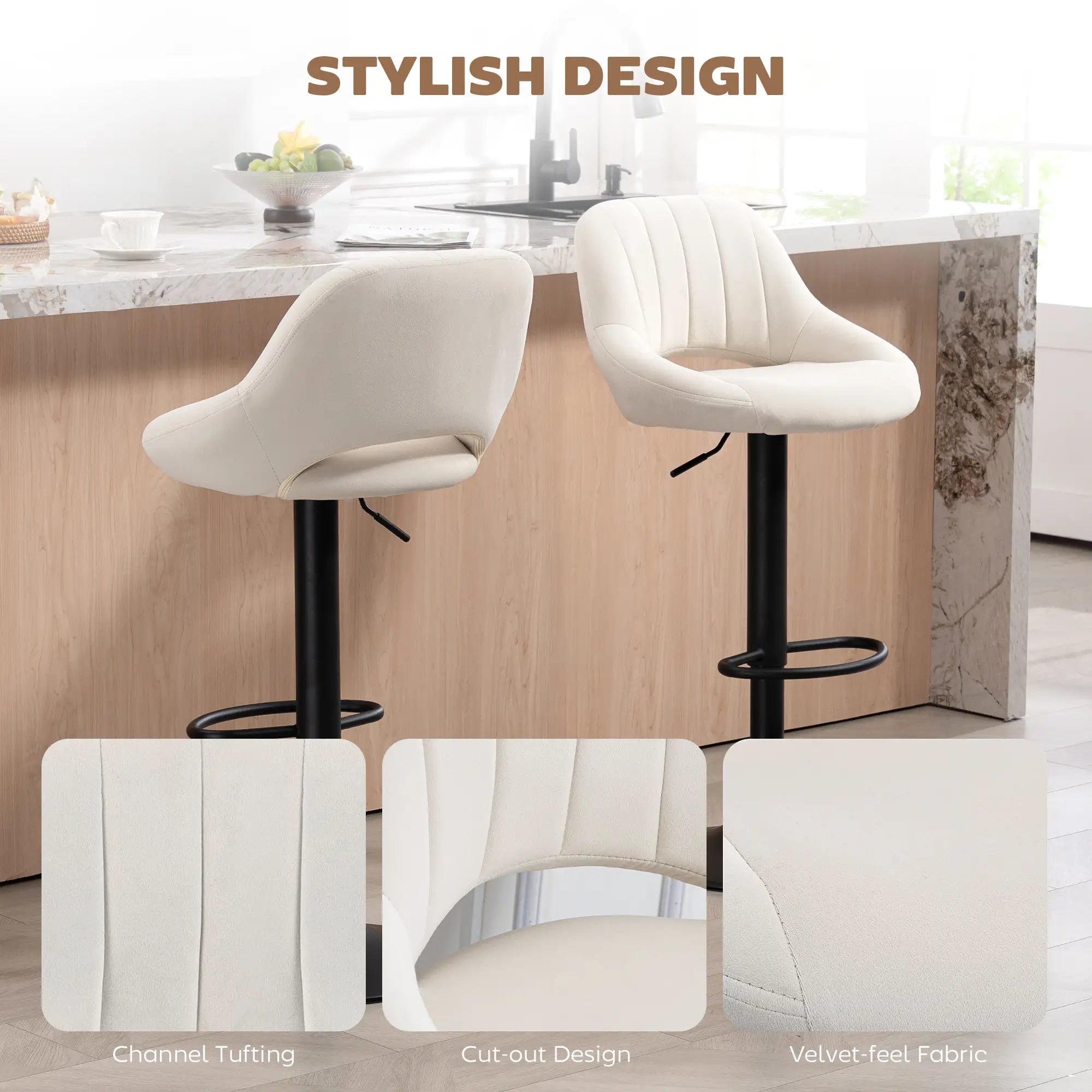 Swivel Bar Stools Set of 2, Adjustable Height, Plush Upholstered, Cream Bar Stools at Gallery Canada