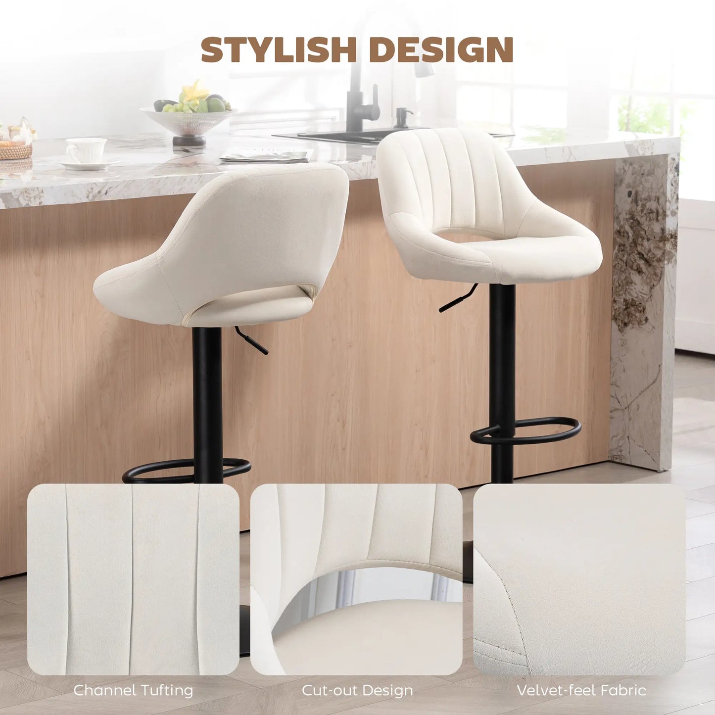 Swivel Bar Stools Set of 2, Adjustable Height, Plush Upholstered, Cream Bar Stools at Gallery Canada