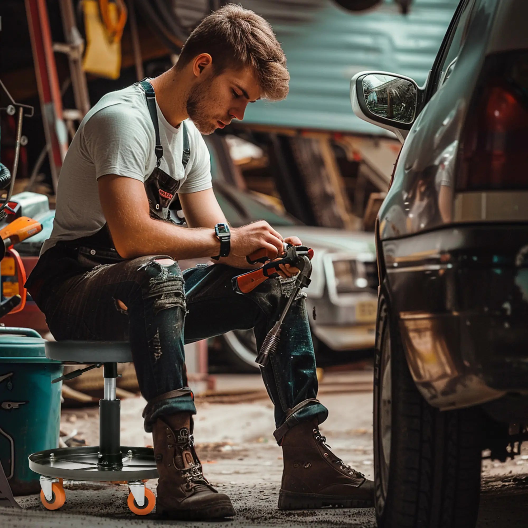 Adjustable Pneumatic Mechanic Stool, with Tool Tray, Wheels, Black Automotive at Gallery Canada