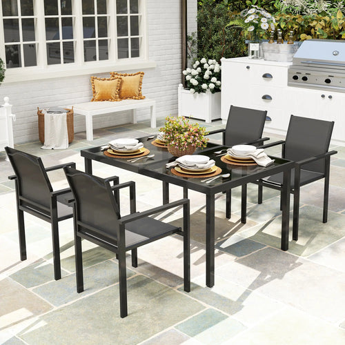 5 Piece Patio Dining Set, 4 Stackable Chairs, Tempered Glass Top