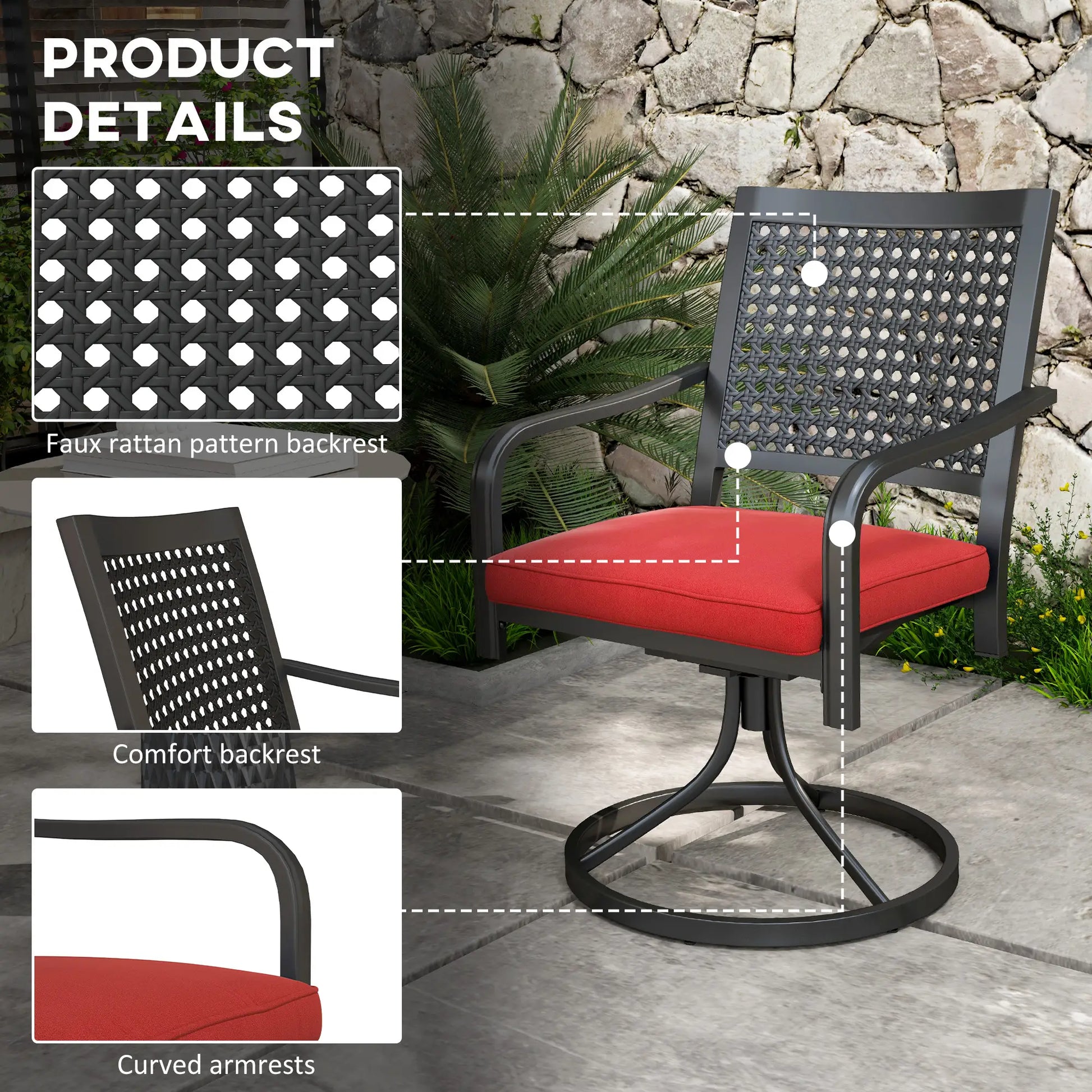 Patio Swivel Chair with Cushion, Outdoor Rocker, Curved Armrests, Red Bistro Sets at Gallery Canada