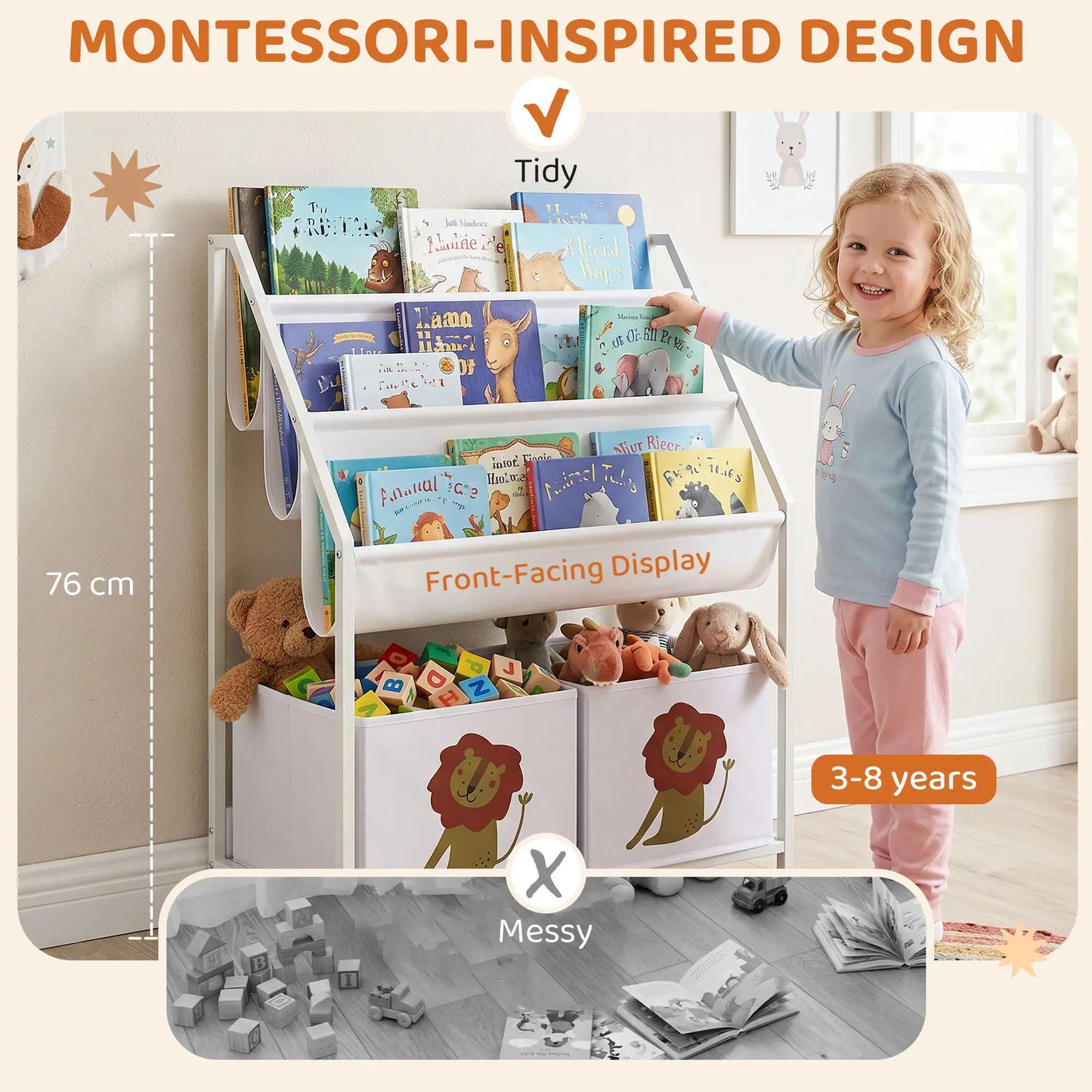 3-Tier Sling Bookshelf With Toy Storage, Montessori Organizer