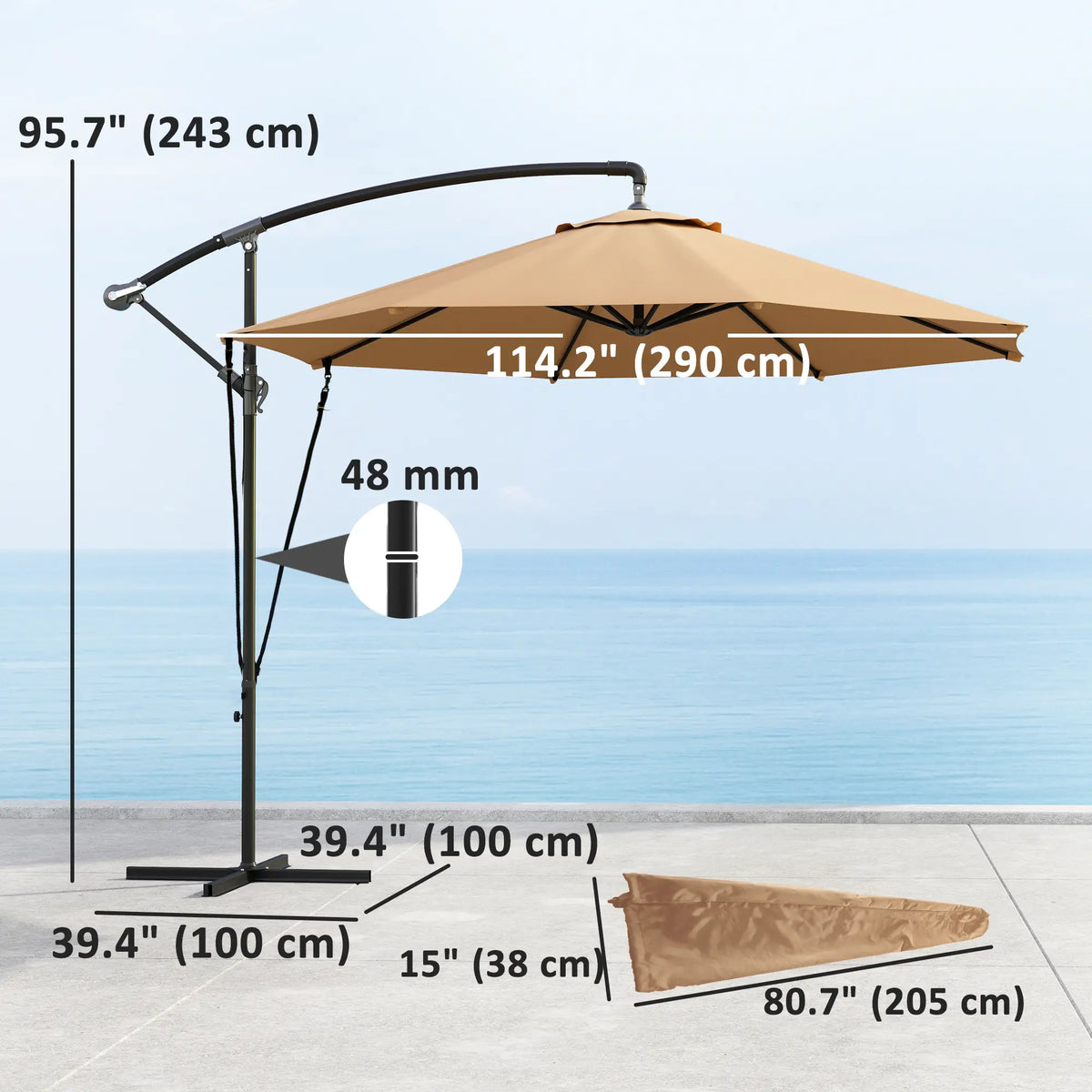 9.5' Cantilever Umbrella With Wind Strap, Cover, Crank, Cross Base, Khaki Offset Cantilever Umbrellas at Gallery Canada