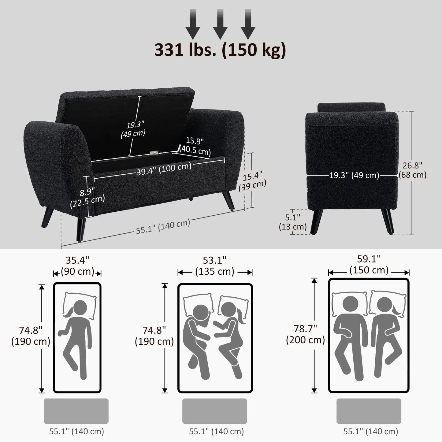 Upholstered Storage Bench with Arms, Modern Ottoman, Black
