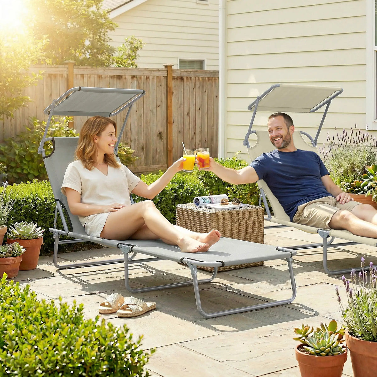 Outdoor Lounge Chair, Adjustable Folding Chaise, Sun Shade, Light Grey