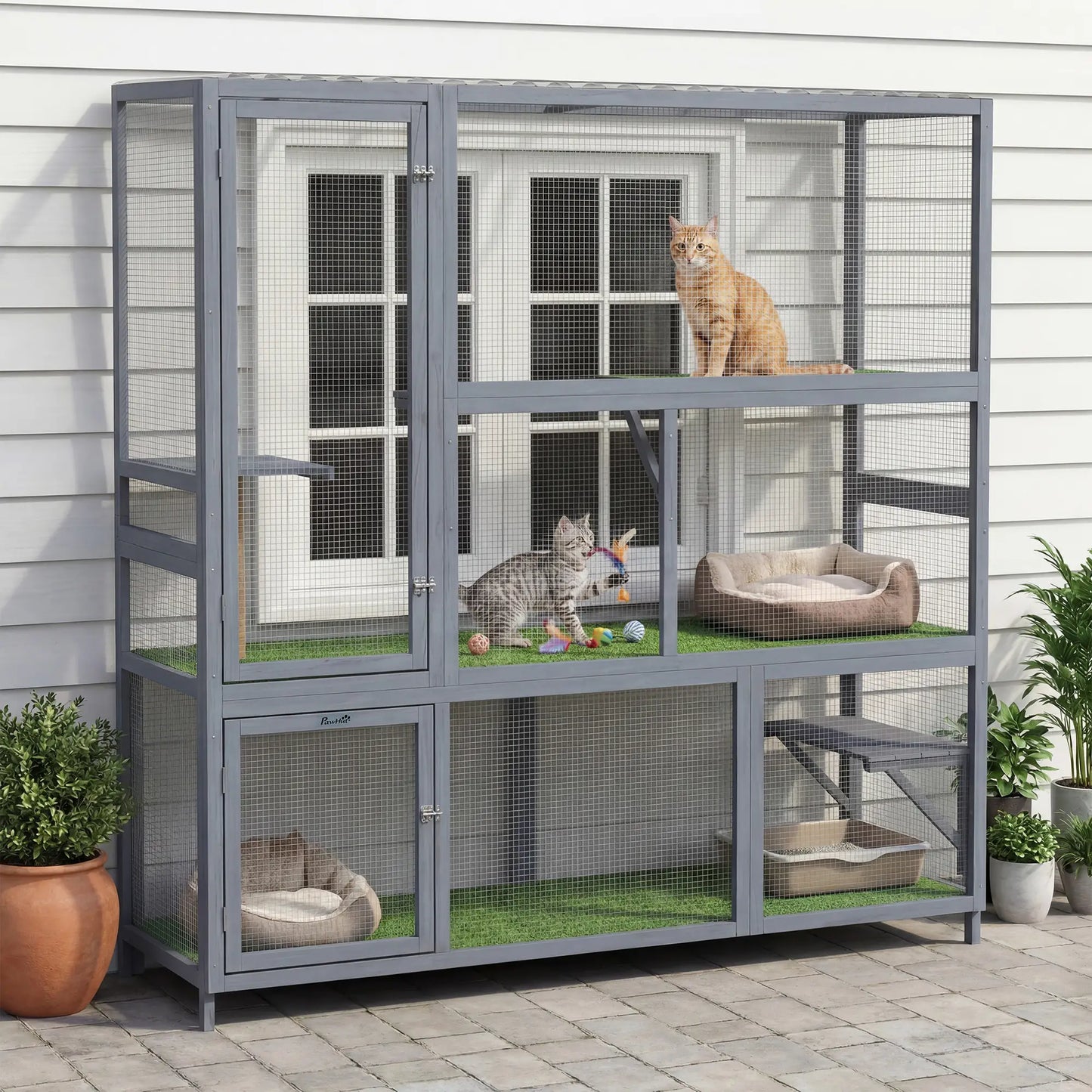 Wooden Catio, 77"H Cat House With Roof, Platforms, Scratching Post Outdoor Cat Enclosures at Gallery Canada