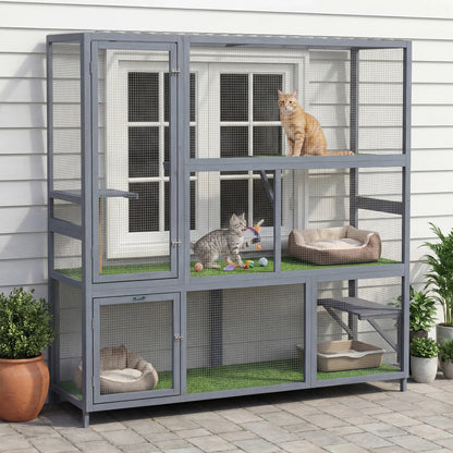 Wooden Catio, 77"H Cat House With Roof, Platforms, Scratching Post Outdoor Cat Enclosures at Gallery Canada