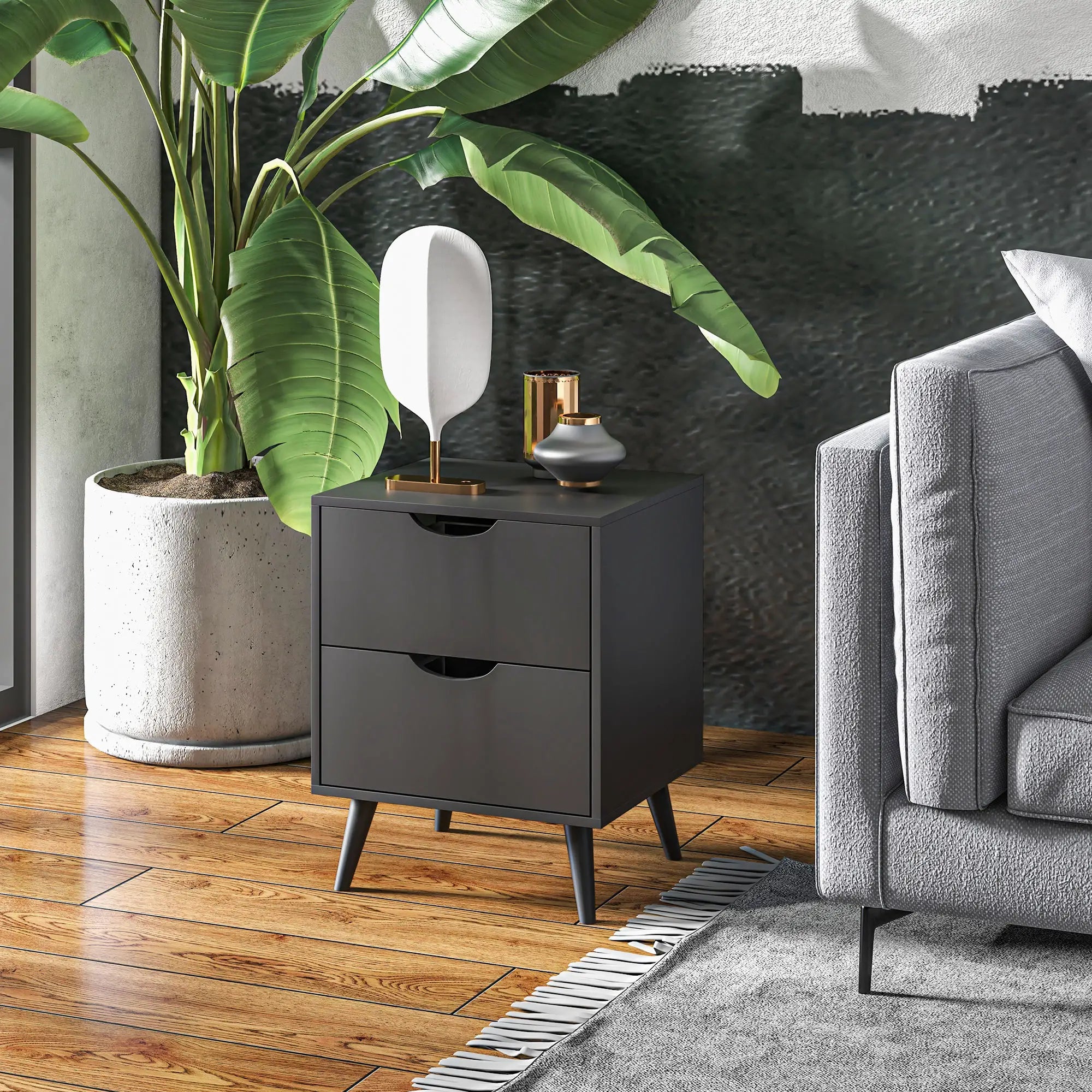 Modern Bedside Table, Nightstand with 2 Drawers, Pine Wood Legs, Black Bedside Tables at Gallery Canada