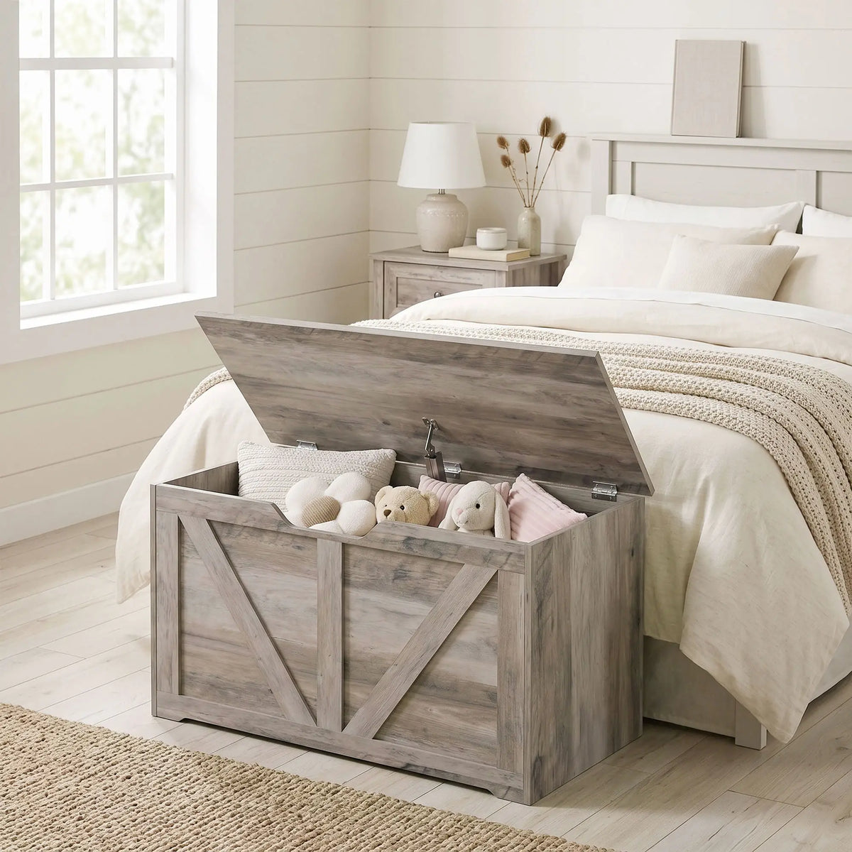 31.5" Storage Chest with Safety Hinge, Grey Wood Grain, Grey