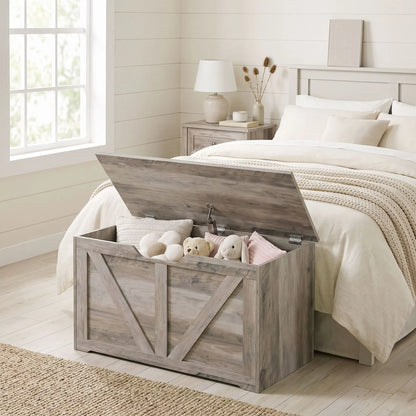 31.5" Storage Chest with Safety Hinge, Grey Wood Grain, Grey