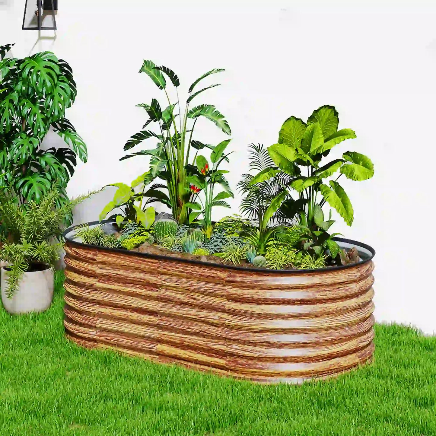 Galvanized Raised Garden Bed, 5 x 2.5 x 2 ft, Brown Wood Effect, Brown