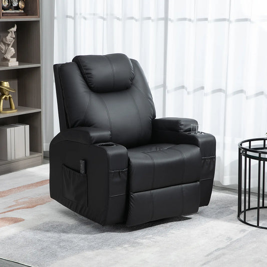 Massage Recliner Chair, 8 Vibration Points, PU Leather, 360° Swivel, Black Single Sofas Black at Gallery Canada