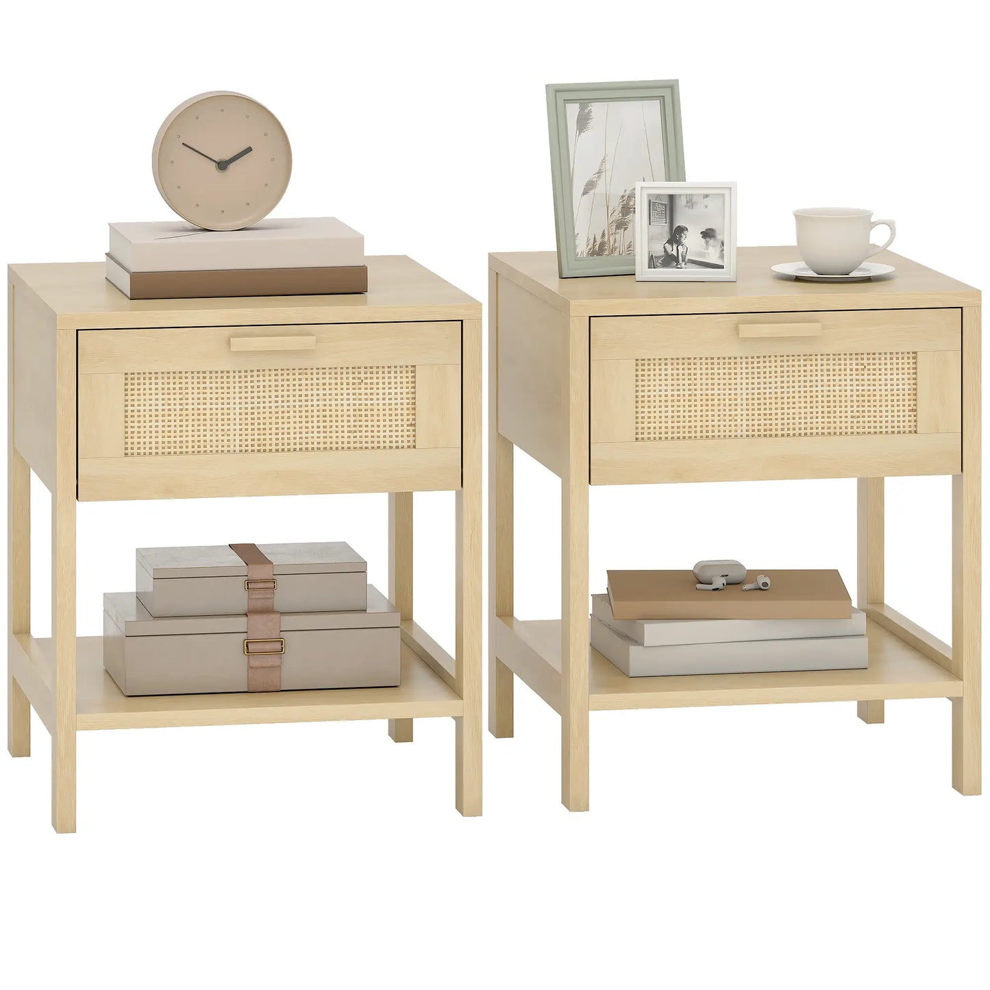 Narrow Nightstand With Rattan, Drawer And Shelf, Set Of 2, Natural Wood Bedside Tables at Gallery Canada