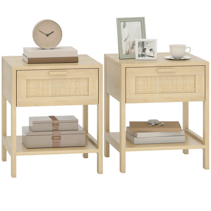 Narrow Nightstand With Rattan, Drawer And Shelf, Set Of 2, Natural Wood Bedside Tables at Gallery Canada