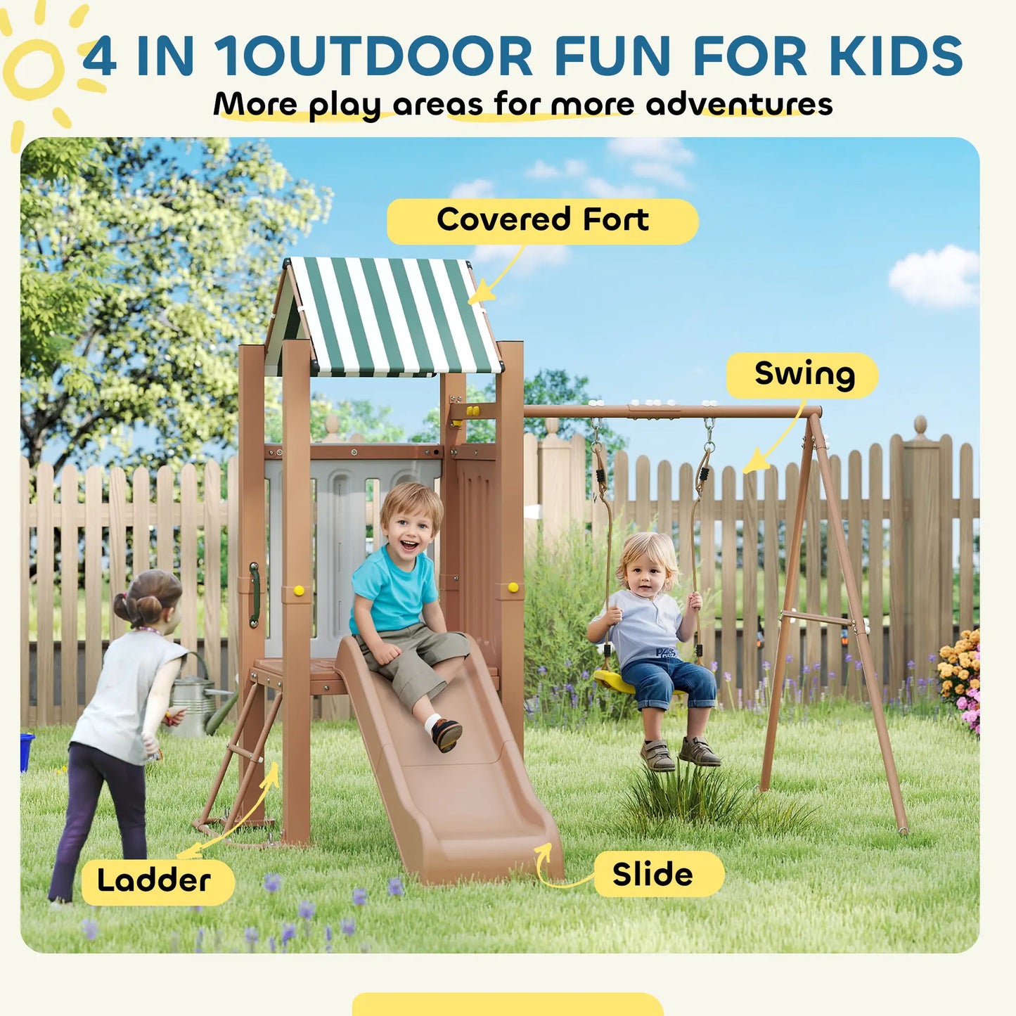 4-in-1 Kids Swing Set with Slide, Fort, Ladder, Stakes, Ages 3-8, Brown Gym Sets & Swings at Gallery Canada