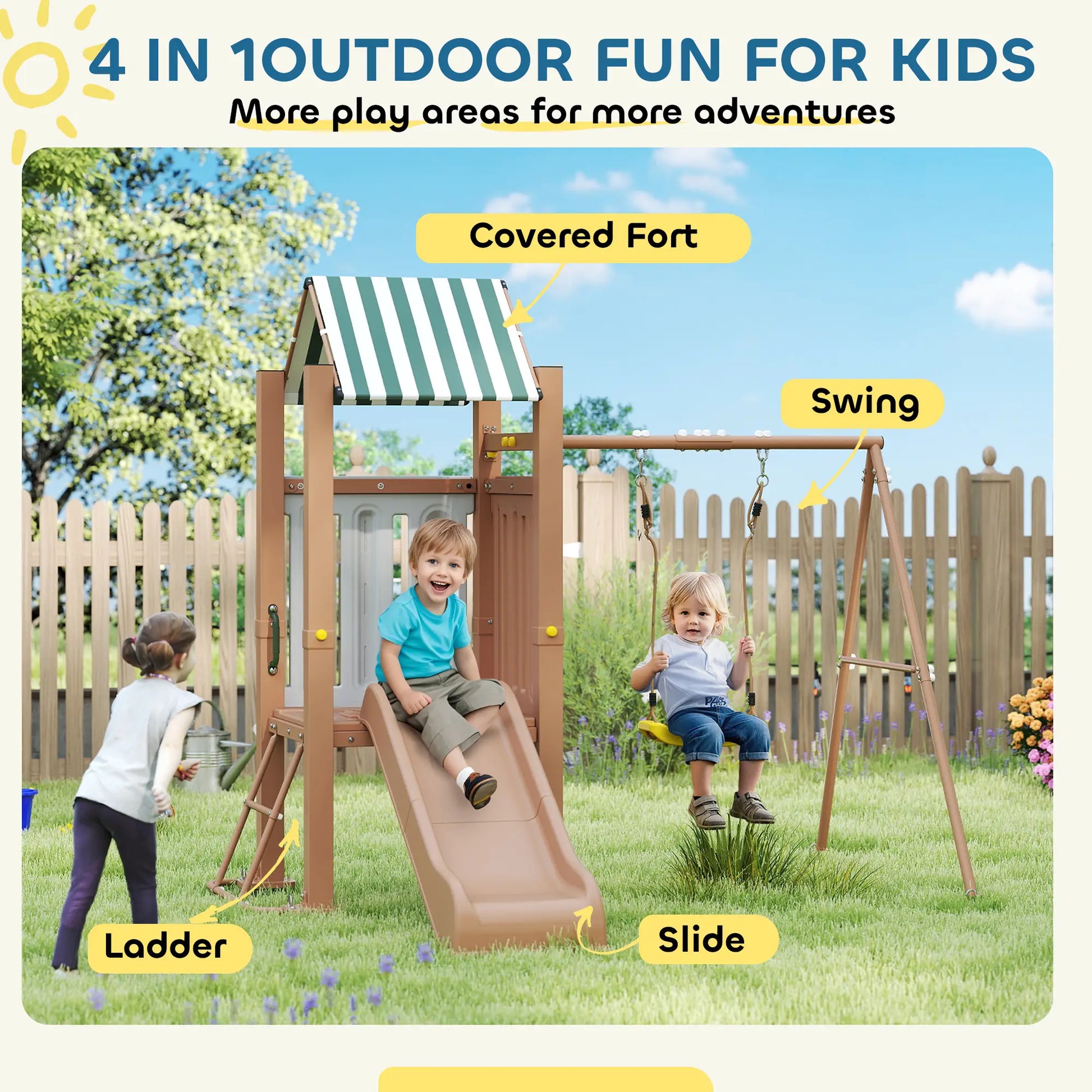 4-in-1 Kids Swing Set with Slide, Fort, Ladder, Stakes, Ages 3-8, Brown Gym Sets & Swings at Gallery Canada