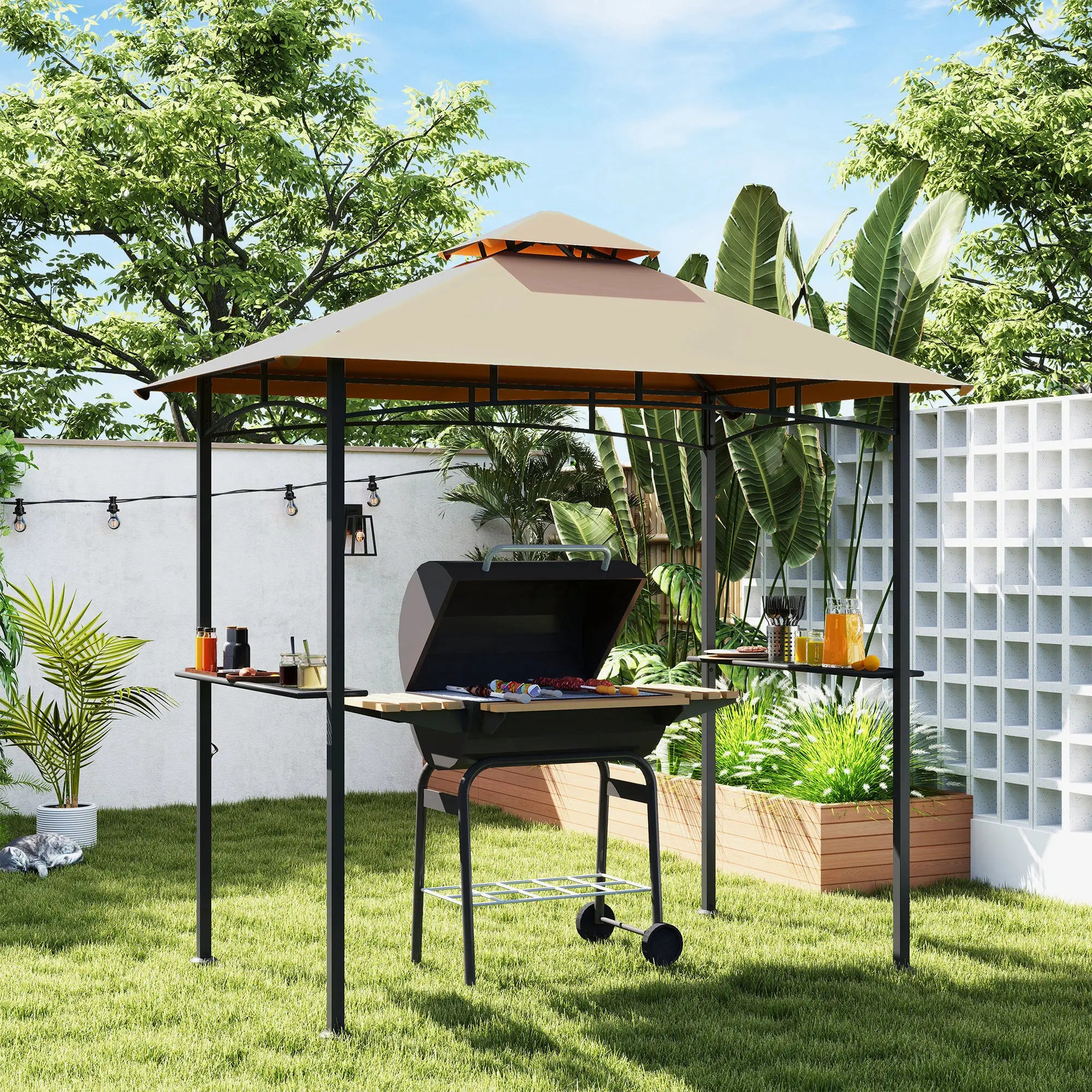 8' x 5' BBQ Grill Gazebo Tent, Double Tiered Canopy, Outdoor Sun Shade, Khaki BBQ Grill Gazebos at Gallery Canada