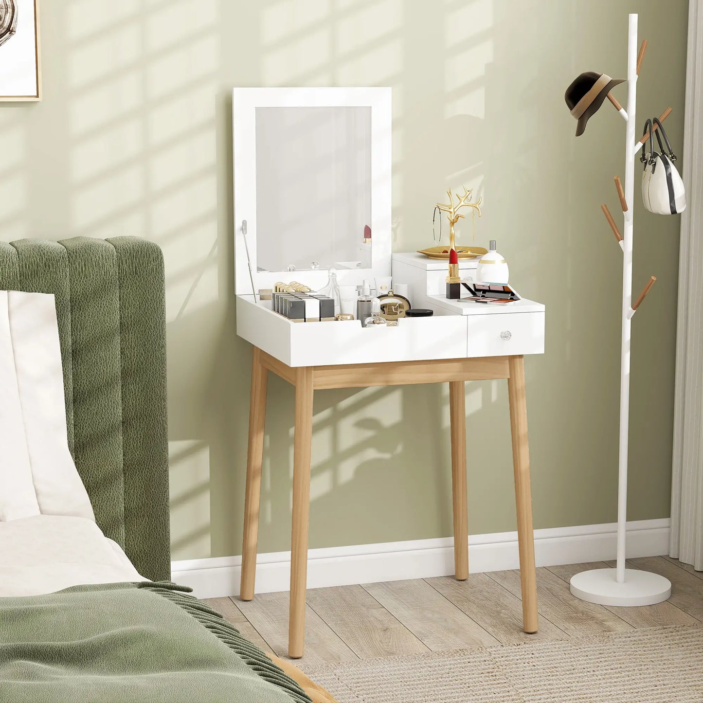 Modern Makeup Vanity Table, Flip-Up Mirror, 2 Drawers, White