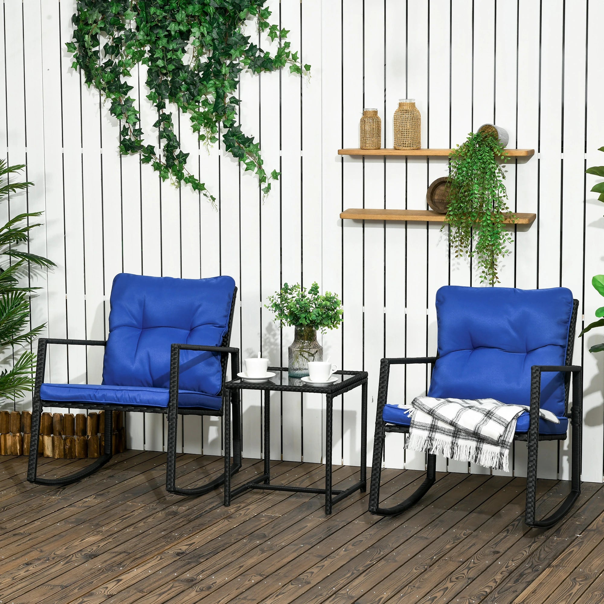 3-Piece Rocking Bistro Set, Outdoor Wicker Patio Furniture, Blue Outdoor Rocking Chairs at Gallery Canada