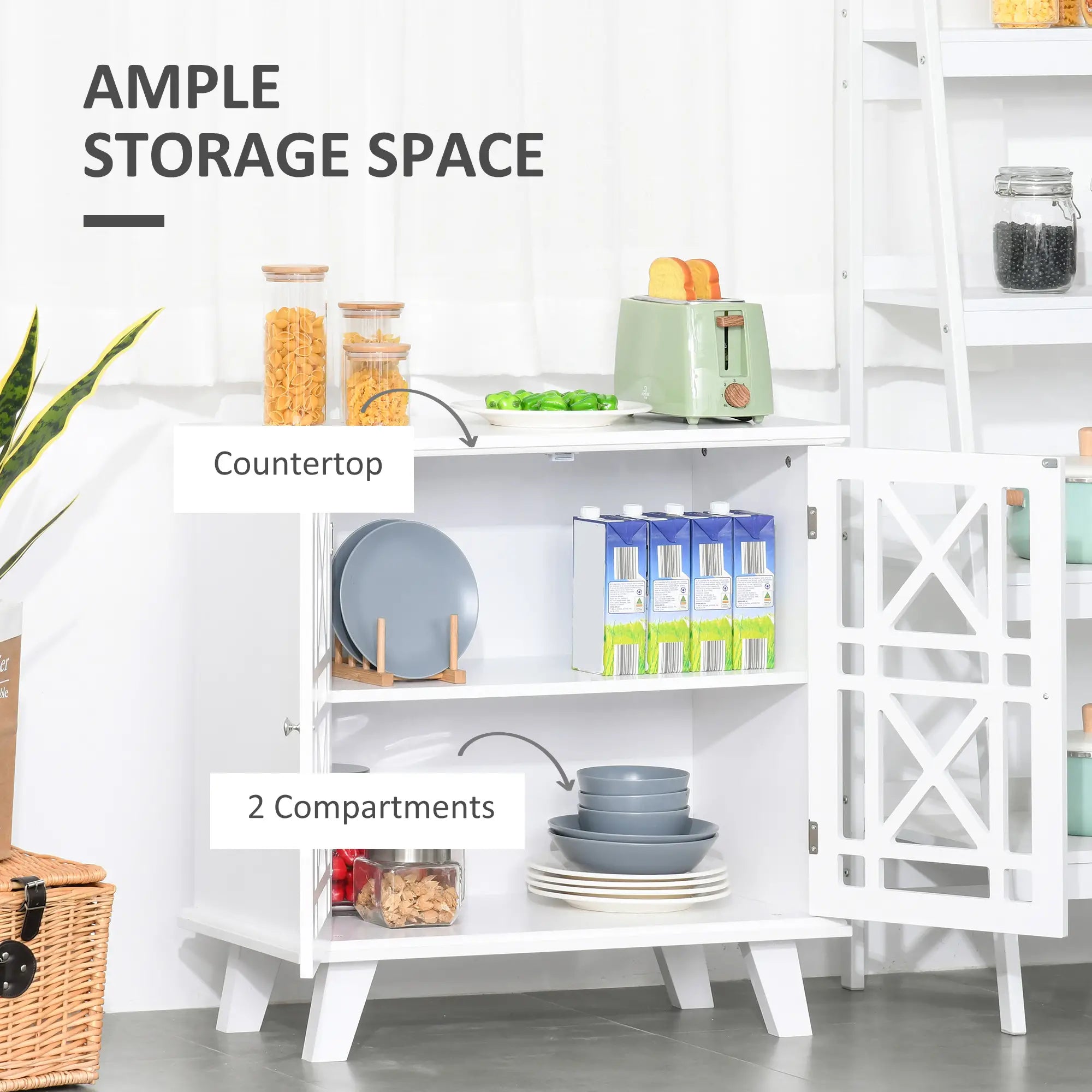 Modern Storage Cabinet with Fretwork Doors, Shelf, White Storage Cabinets at Gallery Canada