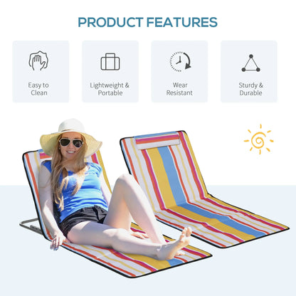 Set of 2 Beach Lounge Chairs, Padded Folding Mat, Adjustable Back, Steel Frame, Head Pillow, Carry Bag, Colorful Stripes, Colorful Beach Accessories at Gallery Canada