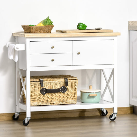 Utility Kitchen Cart Rolling Kitchen Island Storage Trolley with Rubberwood Top, 2 Drawers, Towel Rack, White - Gallery Canada