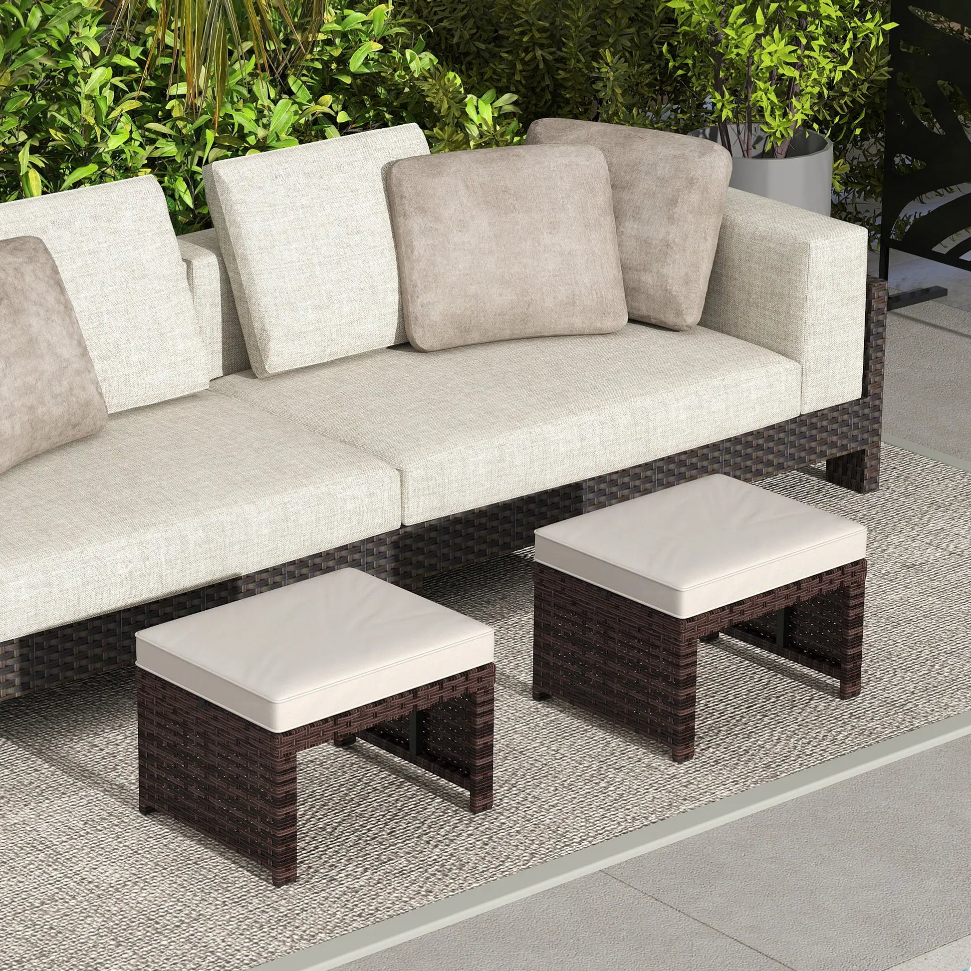 2 Wicker Outdoor Ottomans, Removable Cushions, Rattan Seating, Khaki Patio Furniture Sets at Gallery Canada