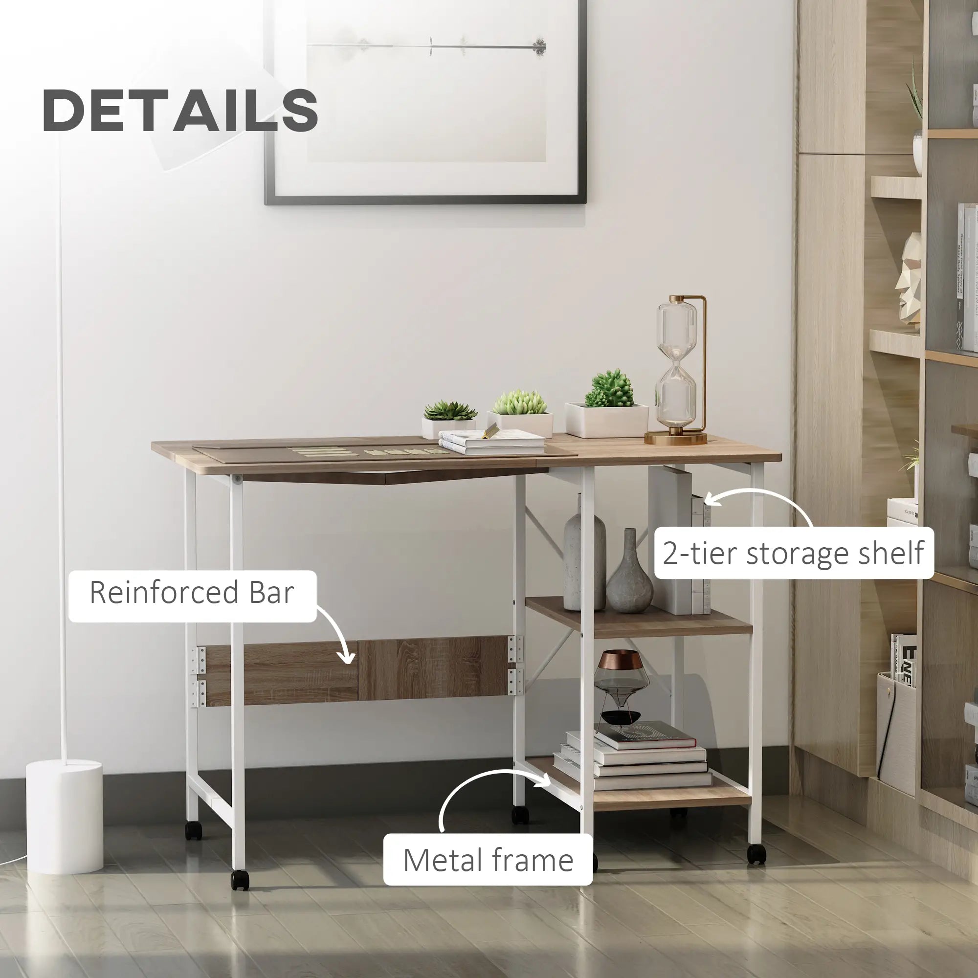 Folding Computer Desk with Storage, Study Writing Table, 6 Wheels, Natural Writing Desks at Gallery Canada