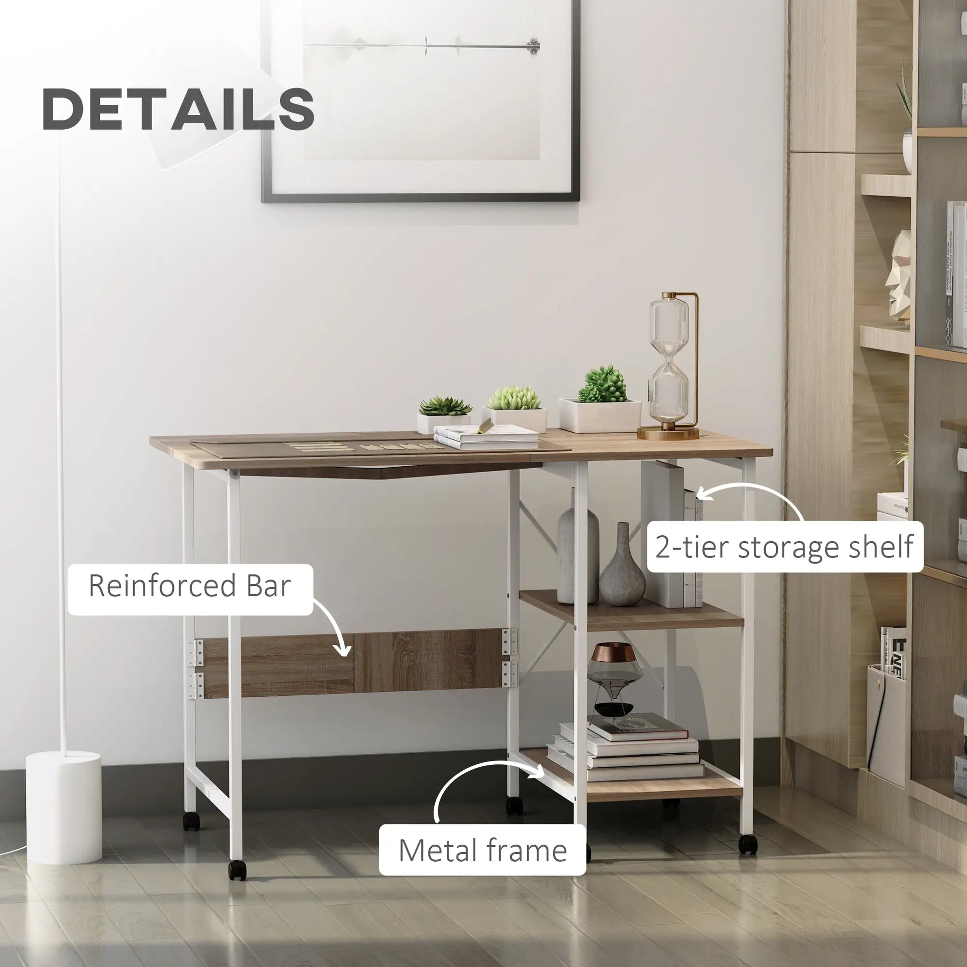 Folding Computer Desk with Storage, Study Writing Table, 6 Wheels, Natural Writing Desks at Gallery Canada