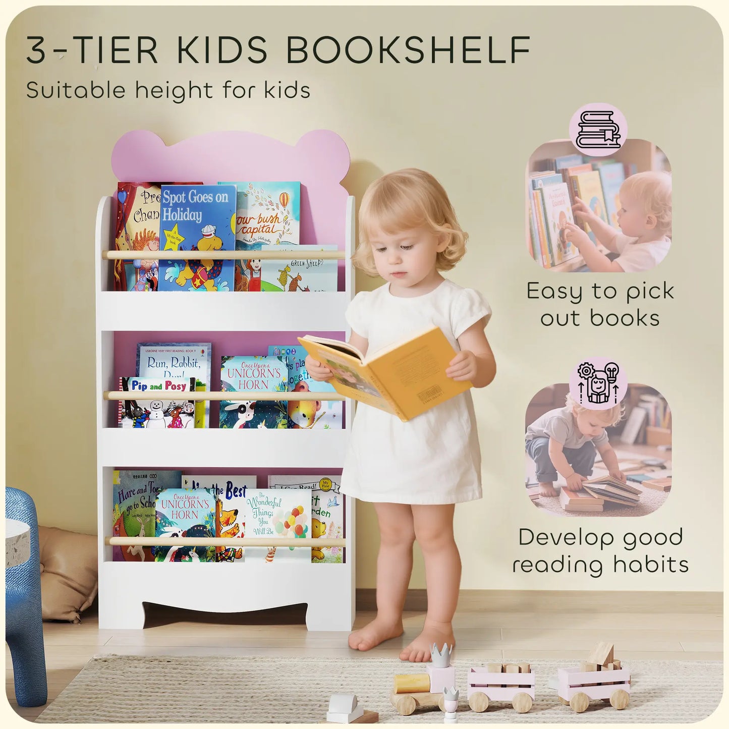 3-Tier Bear Theme Kids Bookshelf, Anti-Tip, 36.6L x 11.8W x 35.4H Inches, Pink Baby & Kids Storage at Gallery Canada