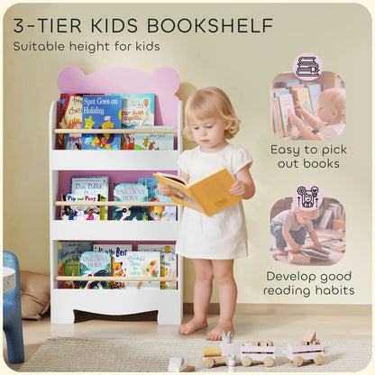 3-Tier Bear Theme Kids Bookshelf, Anti-Tip, 36.6L x 11.8W x 35.4H Inches, Pink Baby & Kids Storage at Gallery Canada
