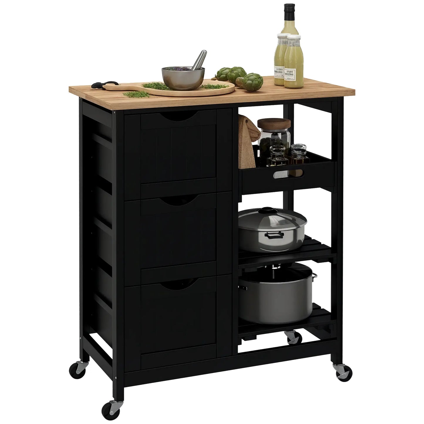 Kitchen Cart on Wheels, Wood Top, 3 Drawers, Shelves, Black Kitchen Islands & Kitchen Carts at Gallery Canada