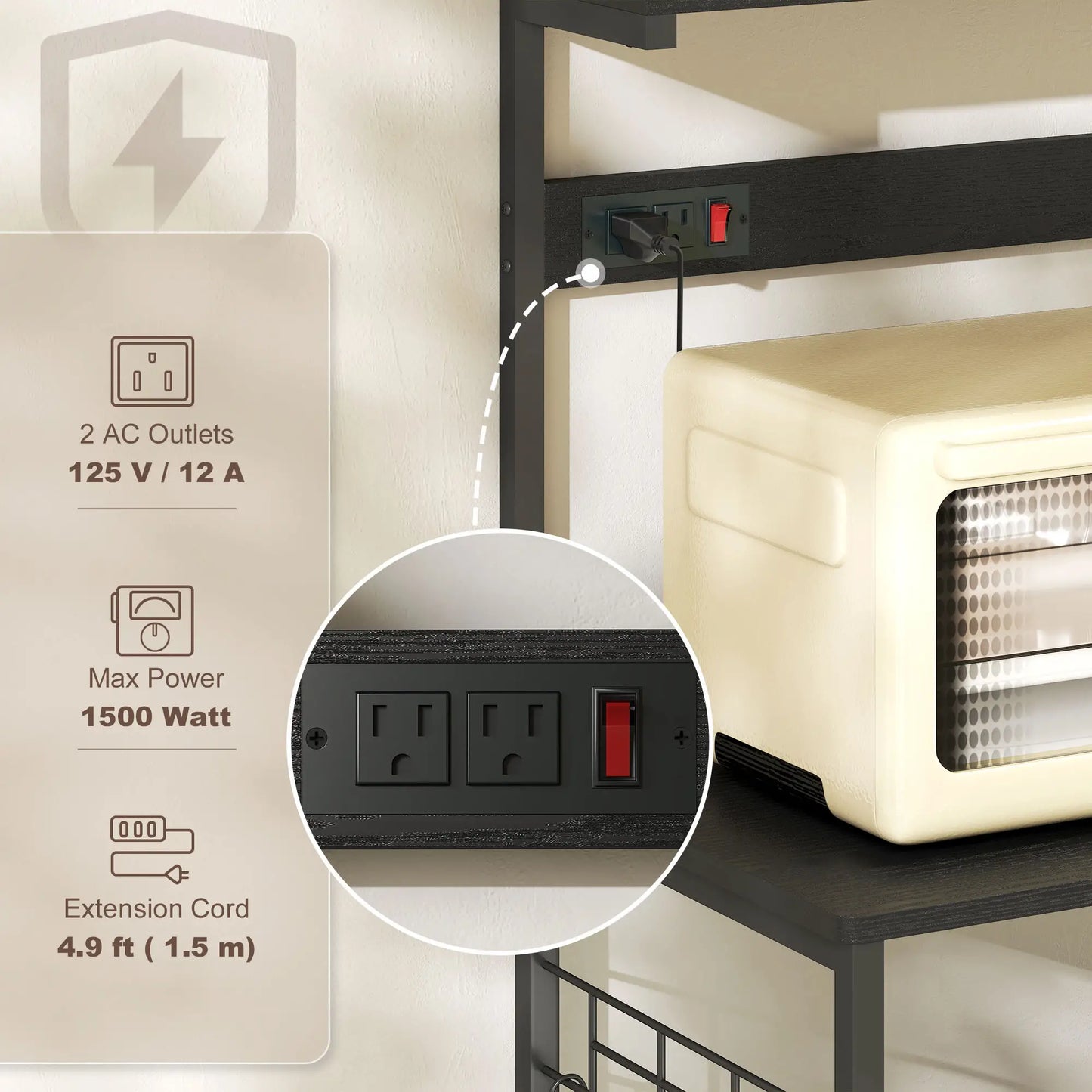 Kitchen Baker's Rack with Power Outlet, Coffee Bar Station with Adjustable Shelves and Hooks, Rustic Brown Bar Cabinets at Gallery Canada