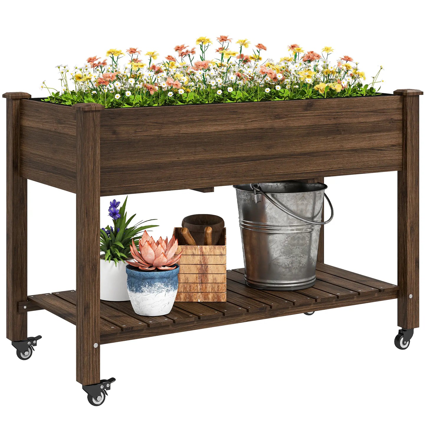 Mobile Raised Garden Bed, Elevated Wood Planter Box, Lockable Wheels, Storage Shelf, Carbonized