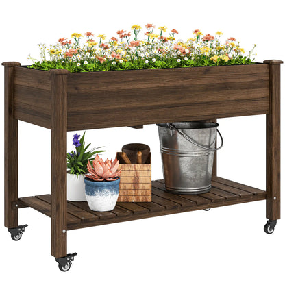 Mobile Raised Garden Bed, Elevated Wood Planter Box, Lockable Wheels, Storage Shelf, Carbonized