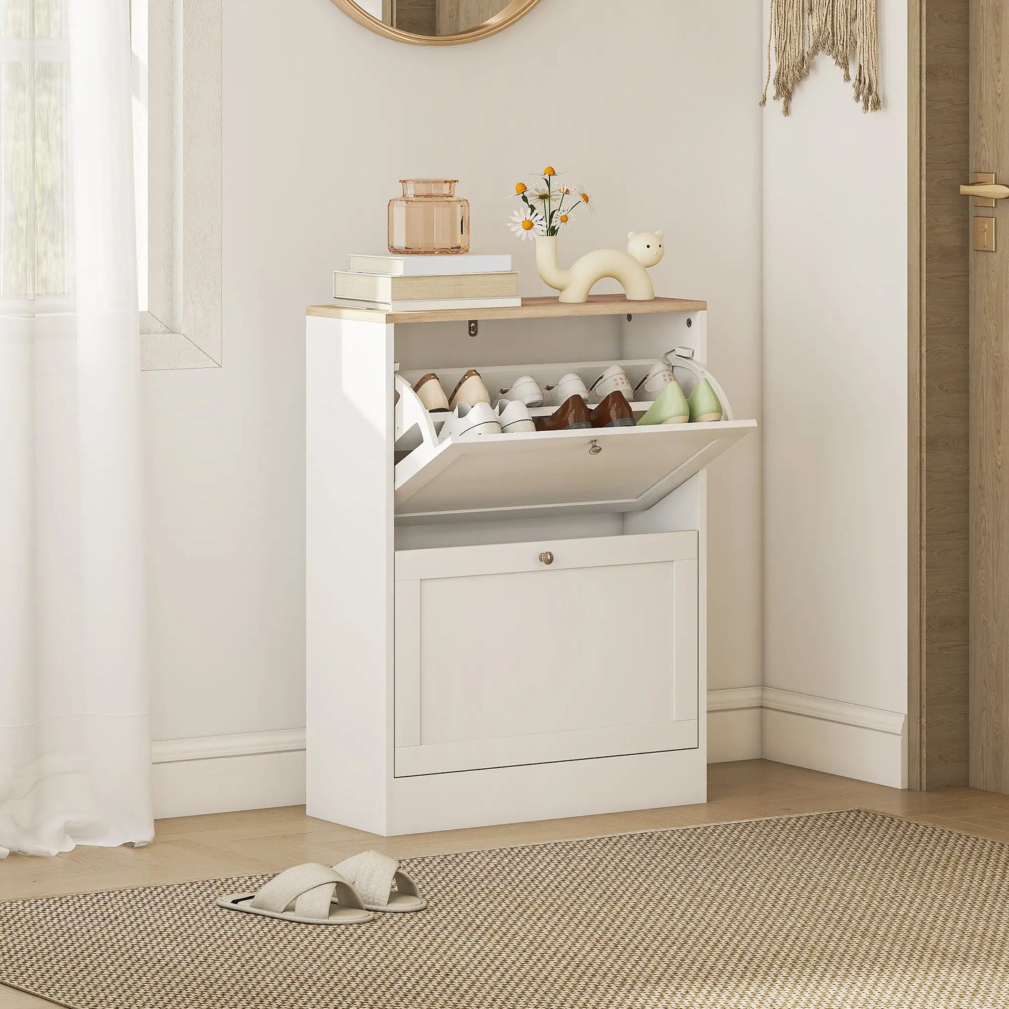 Slim Shoe Storage Cabinet, 2 Flip Drawers, Adjustable Shelves for 12 Pairs, White Shoe Storage Cabinets & Racks at Gallery Canada