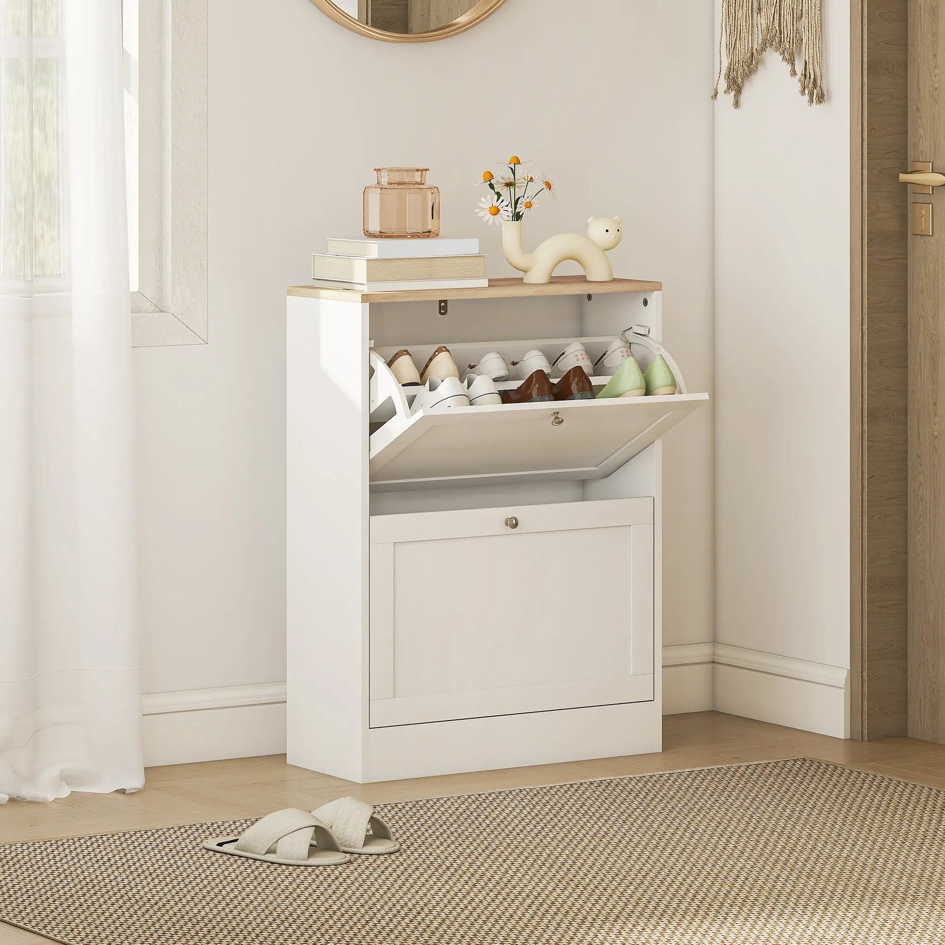 Slim Shoe Storage Cabinet, 2 Flip Drawers, Adjustable Shelves for 12 Pairs, White Shoe Storage Cabinets & Racks at Gallery Canada