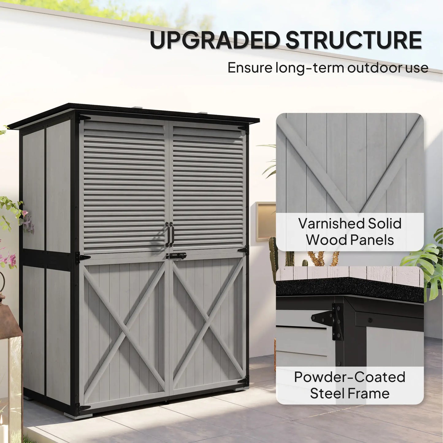 Outdoor Storage Cabinet, Wood Garden Shed, Steel Frame, Asphalt Roof, 2 Shelves, Lockable Doors, Grey Sheds at Gallery Canada