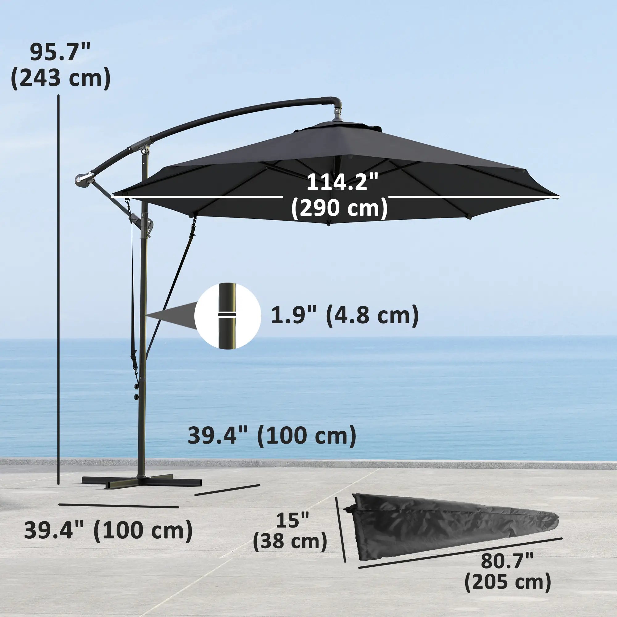 9.5' Cantilever Umbrella, Wind Protection, Crank, Cross Base, UPF 50+, Grey Offset Cantilever Umbrellas at Gallery Canada