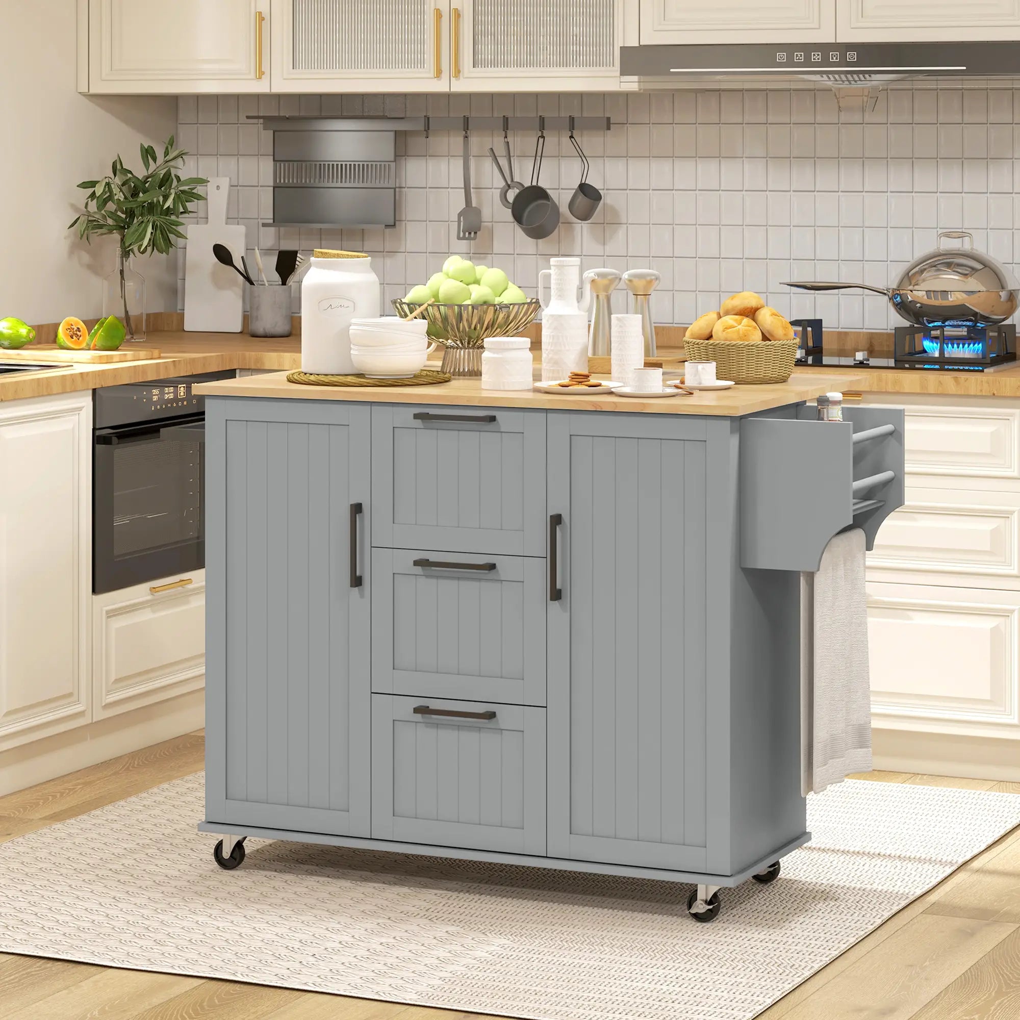 Rolling Kitchen Cart with Drop Leaf, 3 Drawers, Solid Wood Top, Towel Rack, Grey Kitchen Islands & Kitchen Carts at Gallery Canada