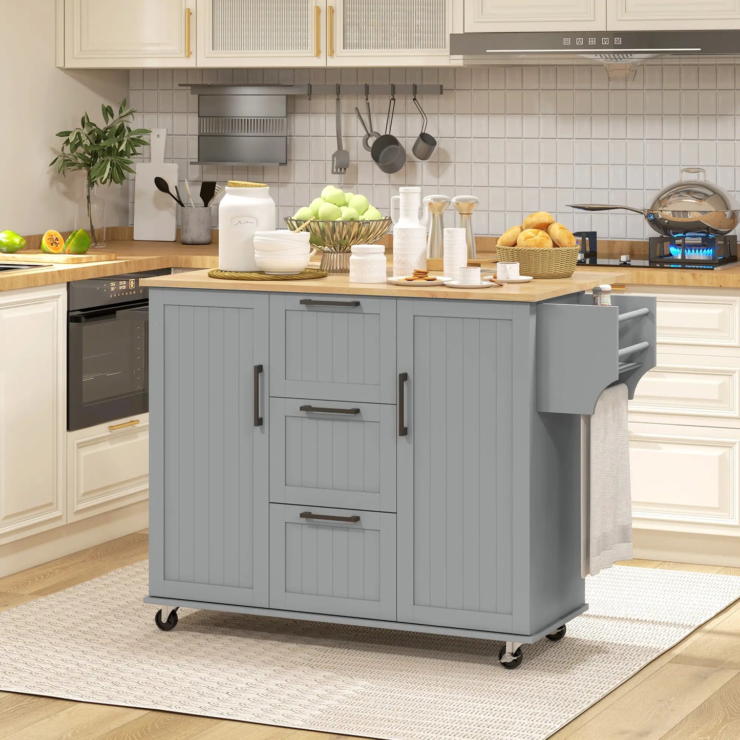 Rolling Kitchen Cart with Drop Leaf, 3 Drawers, Solid Wood Top, Towel Rack, Grey Kitchen Islands & Kitchen Carts at Gallery Canada