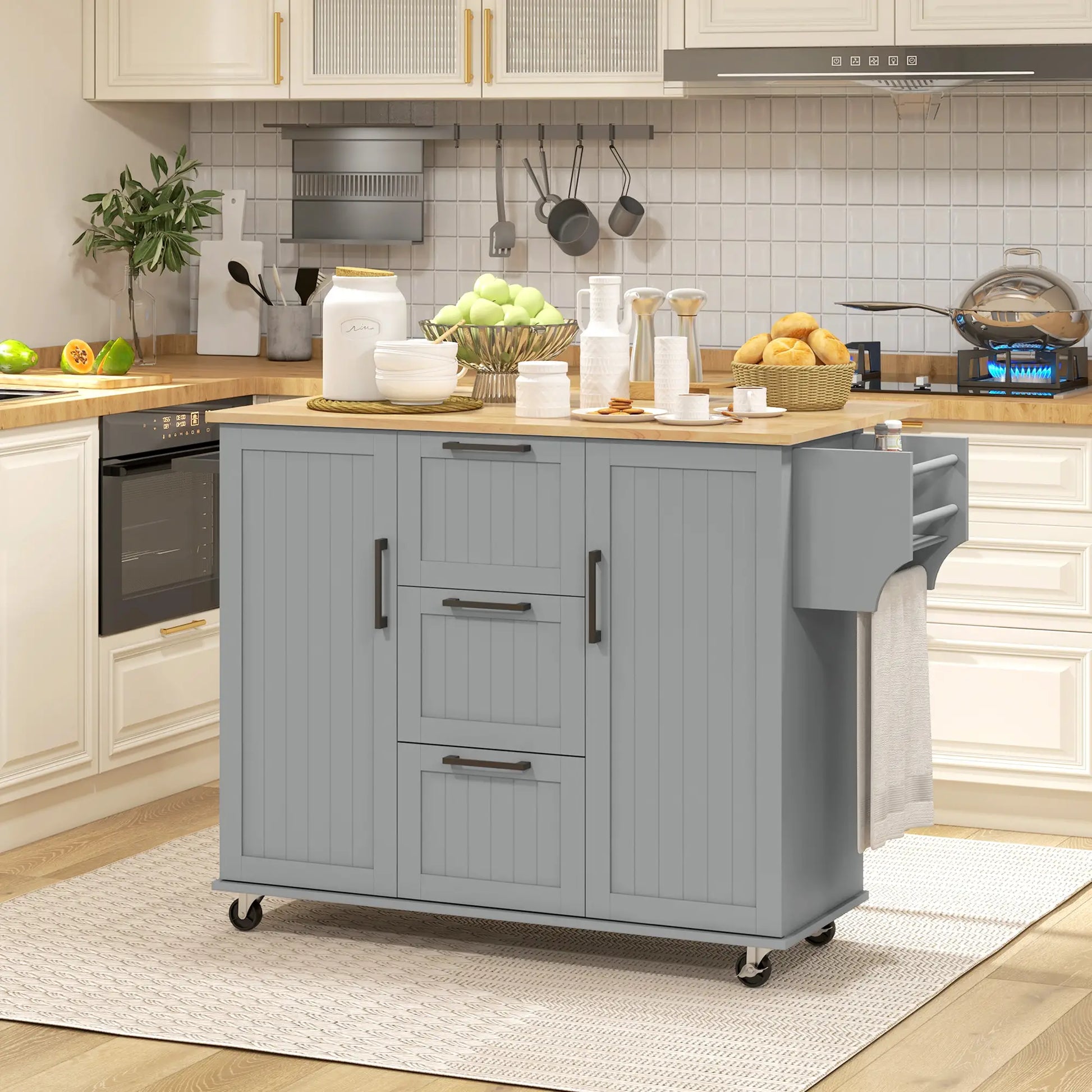 Rolling Kitchen Cart with Drop Leaf, 3 Drawers, Solid Wood Top, Towel Rack, Grey Kitchen Islands & Kitchen Carts at Gallery Canada
