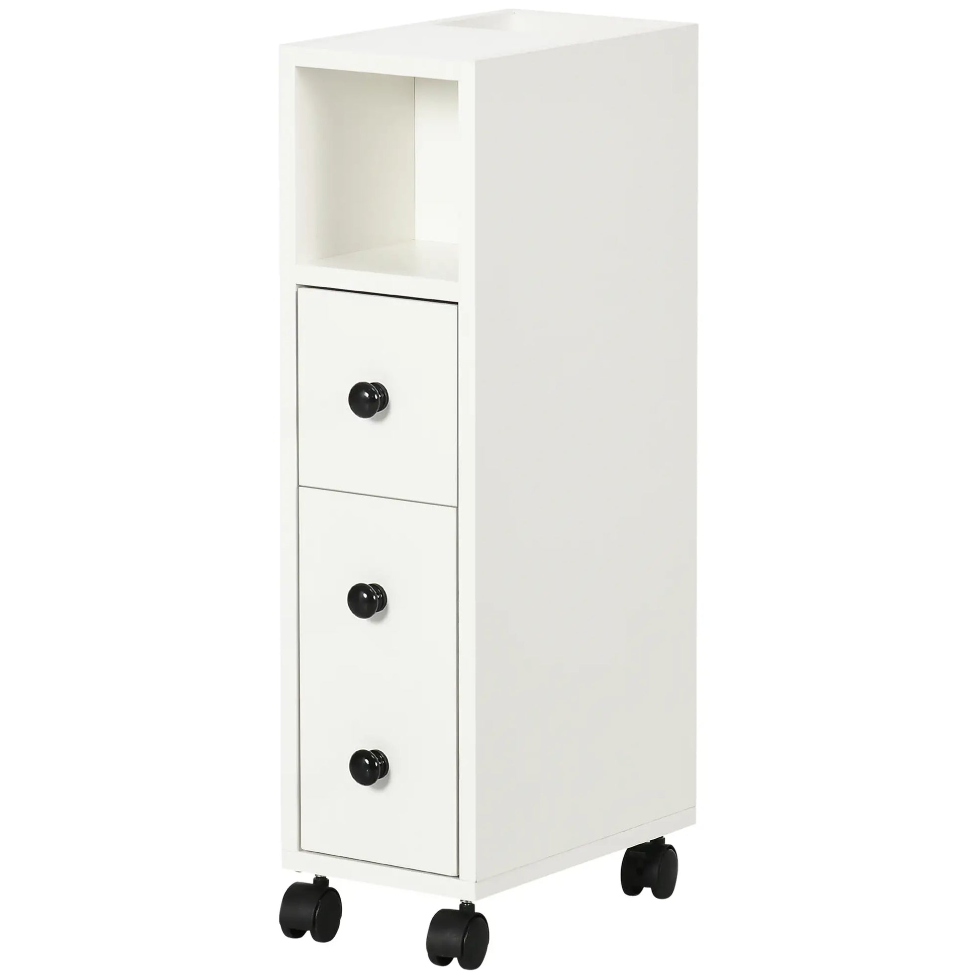 Slim Bathroom Cabinet with Wheels, Door, Drawer, 2 Compartments, White Bathroom Cabinets White at Gallery Canada